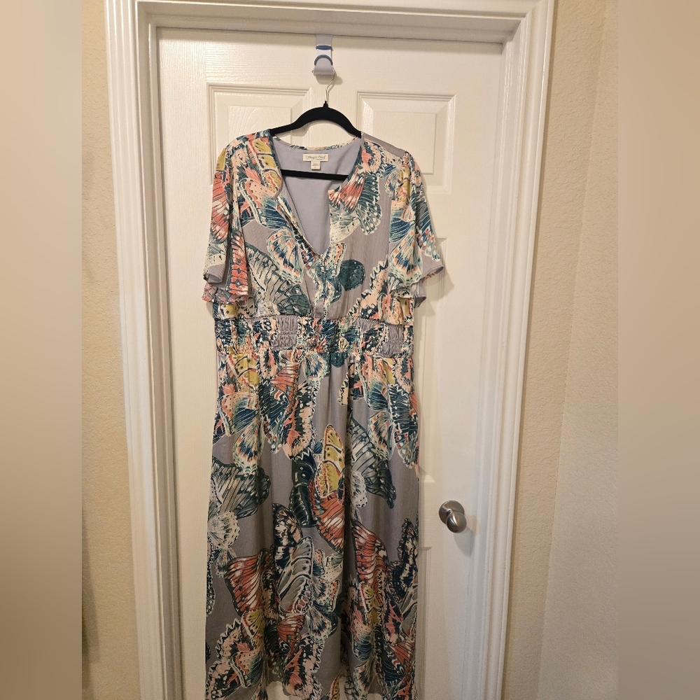Coldwater Creek Gray Maxi Dress with Multicolor Butterfly Print